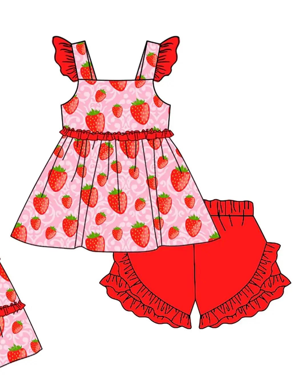 Boutique Girl Strawberry Set Ruffle Trim Sleeveless Dress Kids Summer Casual Shorts Outfits