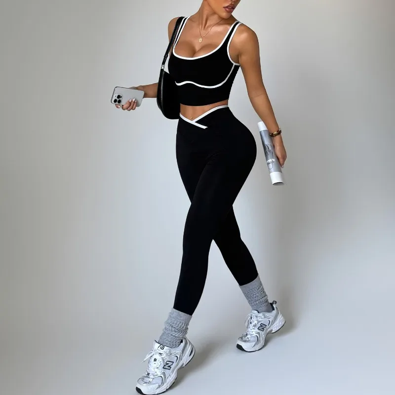 

Новый женский комплект для занятий йогой на открытом воздухе – контрастный спортивный жилет + брюки для йоги с перекрестной талией
