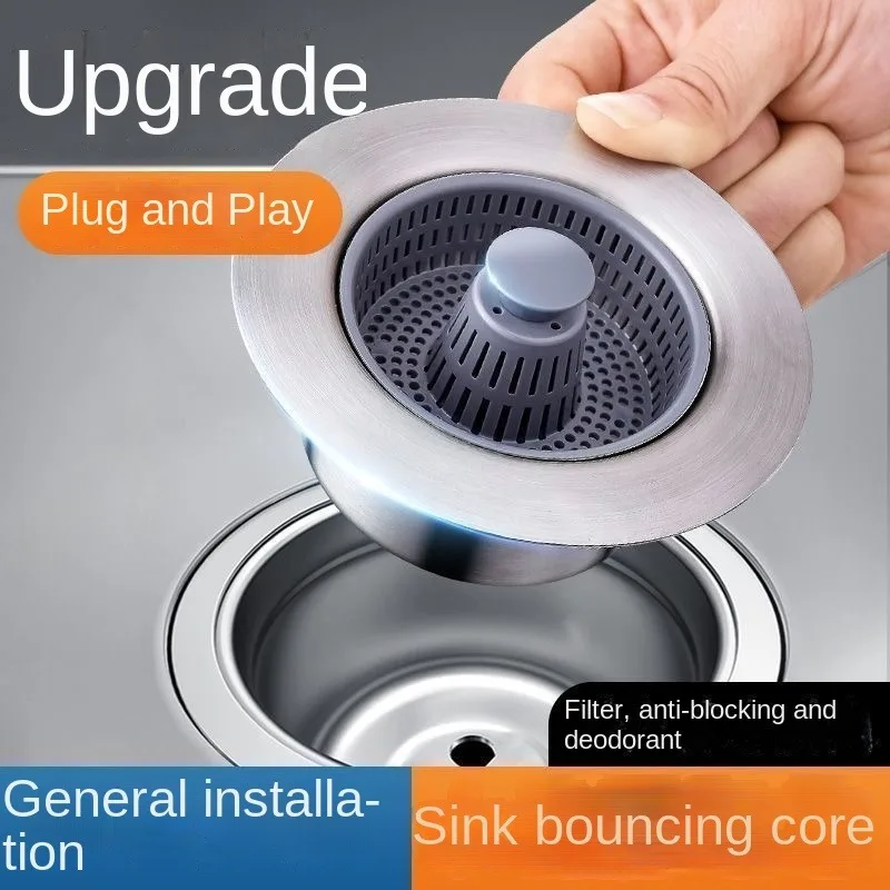 Kitchen Filter Sink 3 In 1 Pop Up ABS Silver Plated Sink Strainer Drain Basket Stopping Blockage Bouncing Core Leak-proof Plug