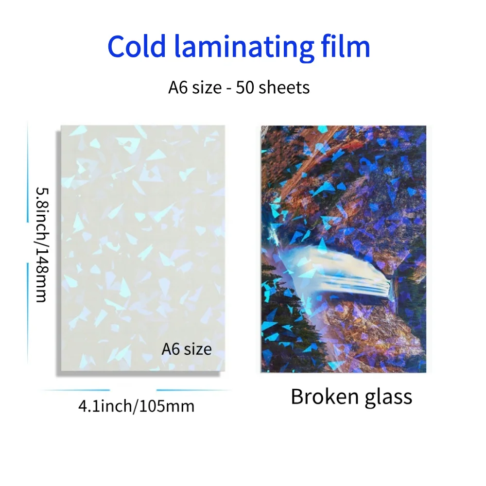 50 Sheets Waterproof Cold Laminating Film A6 Hologram broken glass Self-adhesive Paper film DIY Package Card Photo protect