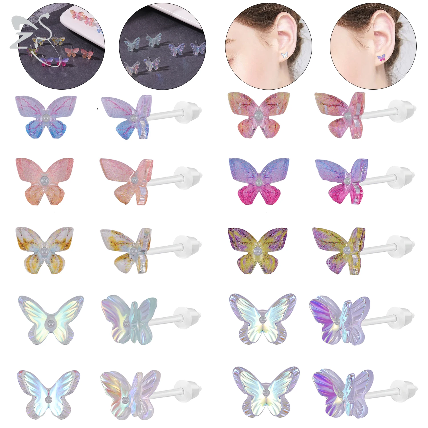 

ZS 2pcs/lot 20G Butterfly Shape Resin Acrylic Earring for Women Girls Colorful Stud Earring Ear Tragus Helix Cartilage Piercing