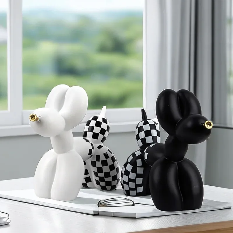 Creative Black And White Checkerboard Patterned Balloon Dog Statue Resin Sculpture Ornament Home Decoration Crafts Animal Figure