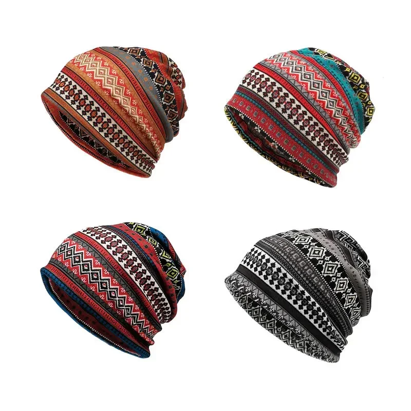 Spring Cotton Geometric Print Thicken Knitted Hat Warm Skullies Cap Beanie Hat For Men and Women 183