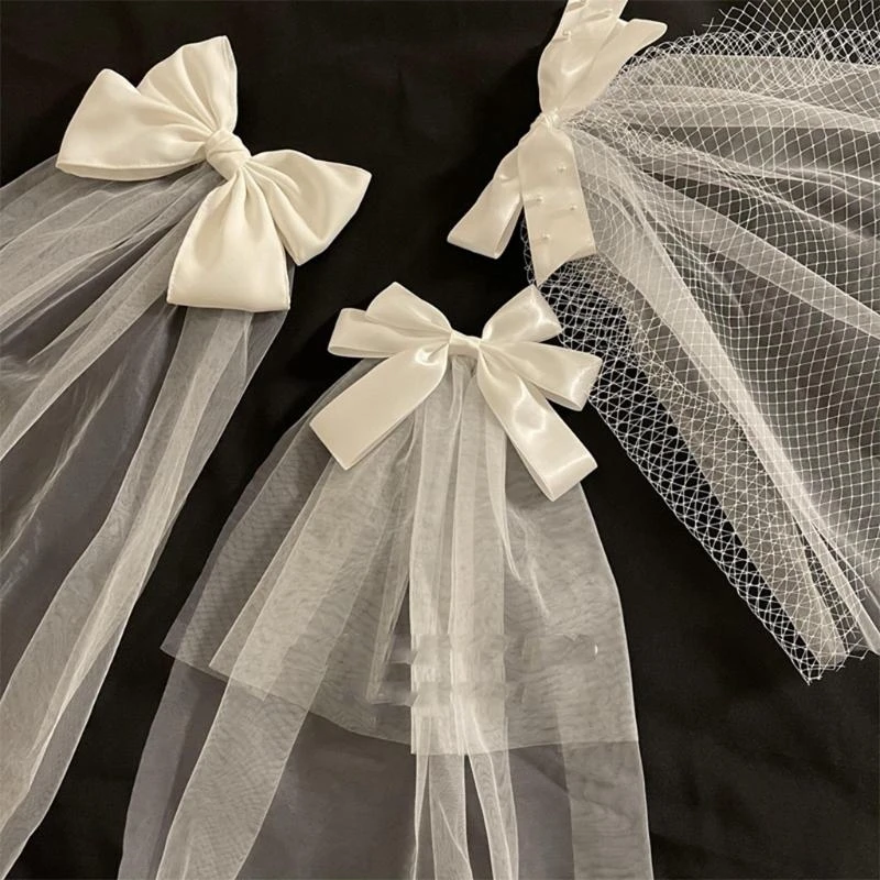 

Ribbon Bow Short Veil Hair Clip White Veil Hairpin Wedding Party Accessories 15UB