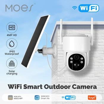 كاميرا MOES Tuya WiFi 4MP للمراقبة الذكية، شحن بالطاقة الشمسية IP65، مقاومة للماء، تتبع بشري، رؤية ليلية بالألوان الكاملة