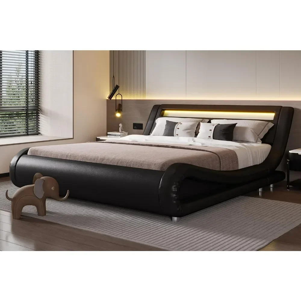 Fully padded modern bedstead with LED headboard/no spring mattress/strong plank support/easy to assemble, black