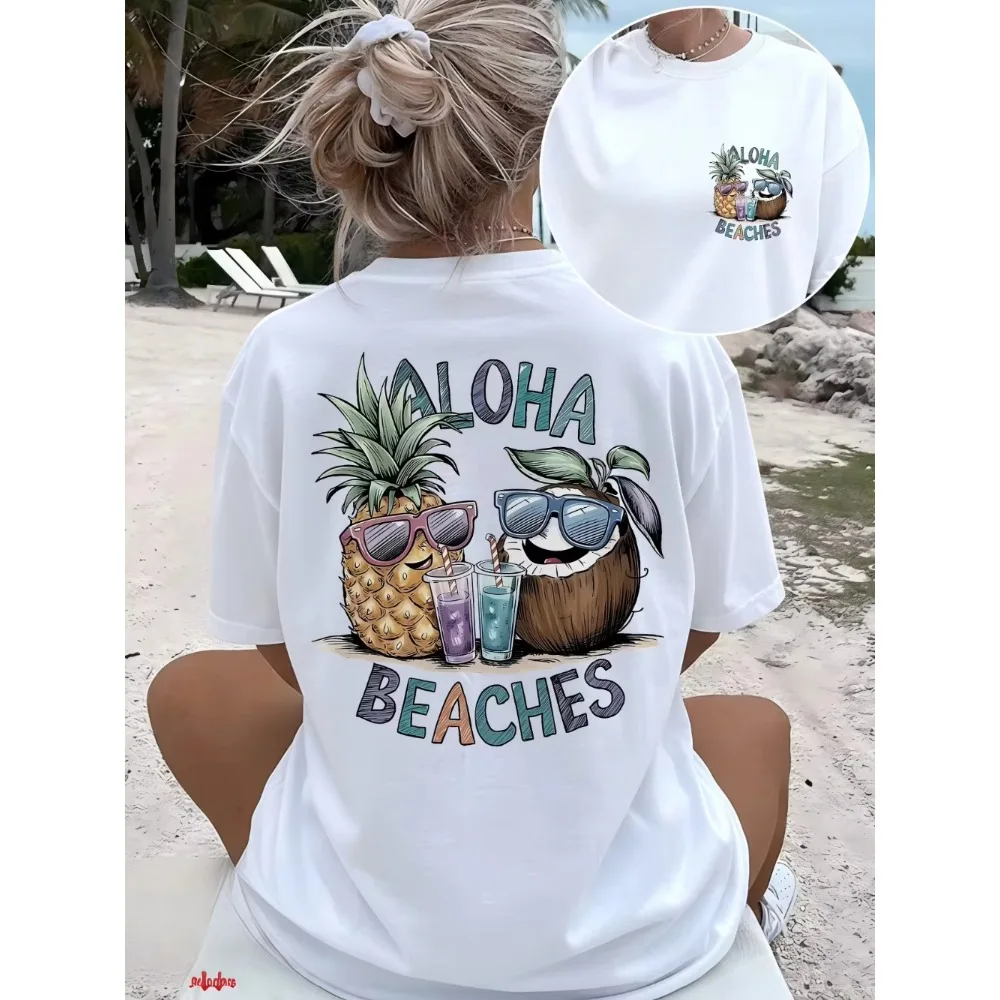 Vintage Aloha Beaches Graphic T-Shirt Women Men Double Sided Pineapple Coconut Print Tee Harajuku Summer Vacation Aesthetic Top