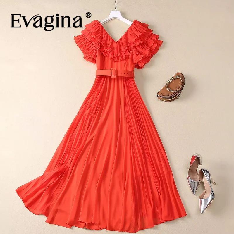 

Evagina Elegant Women's Party Ball Gown Dress Summer V-Neck Butterfly sleeve High Waiste Lace-Up Folds Big Swing Dresses