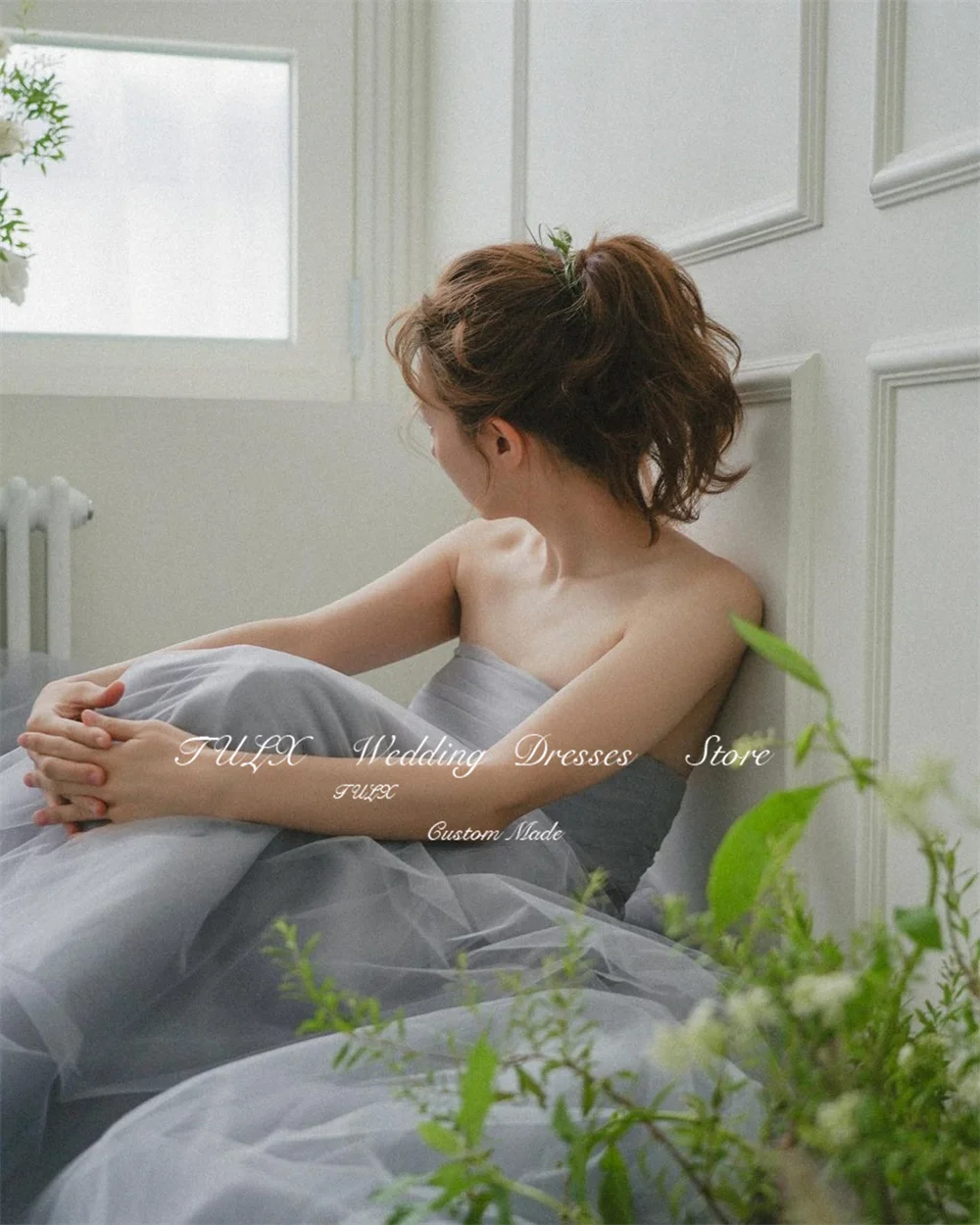 TULX Fairy สาย Tulle ชุดราตรีเกาหลีงานแต่งงานถ่ายภาพชุดที่ไม่มีสายหนังสีฟ้าความยาวชั้นชุดรัดตัวที่กําหนดเอง