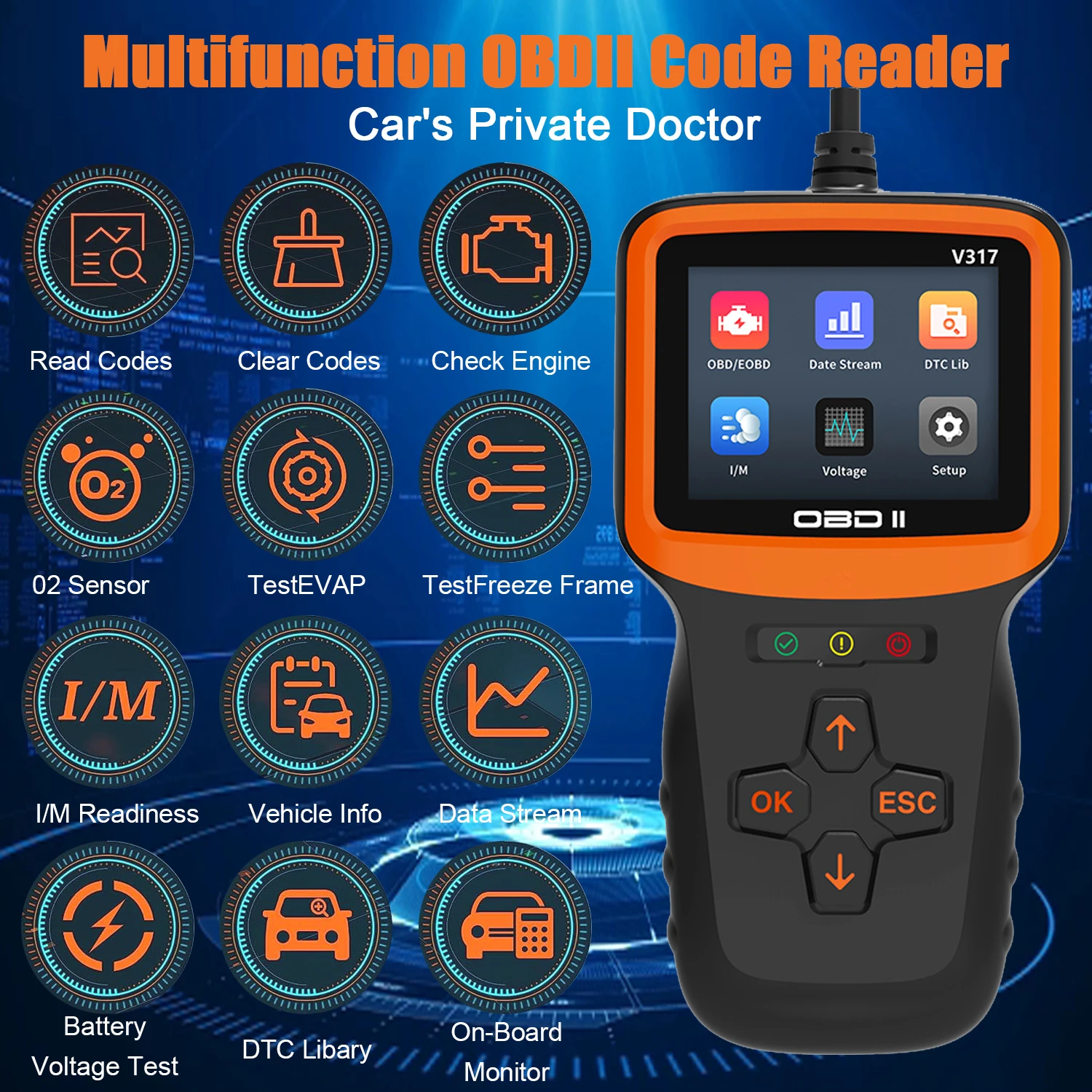 OBD2 Scanner Diagnostic Tool, V317 Vehicle Check Engine Code Readers with Reset & I/M Readiness & More