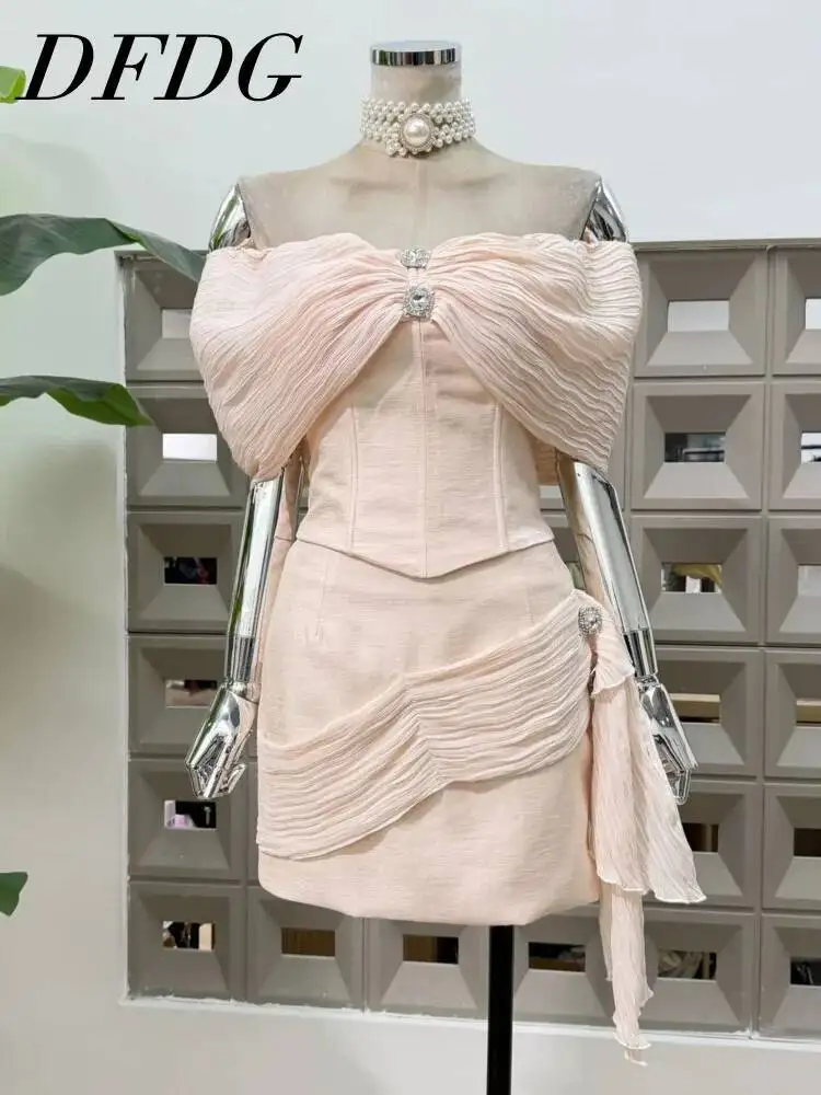 

DFDG Women 2026 Spring Summer Corset Two Piece Outfit Off Shoulder Blouse Ruched Rhinestone Mini Skirt Elegant Party Set