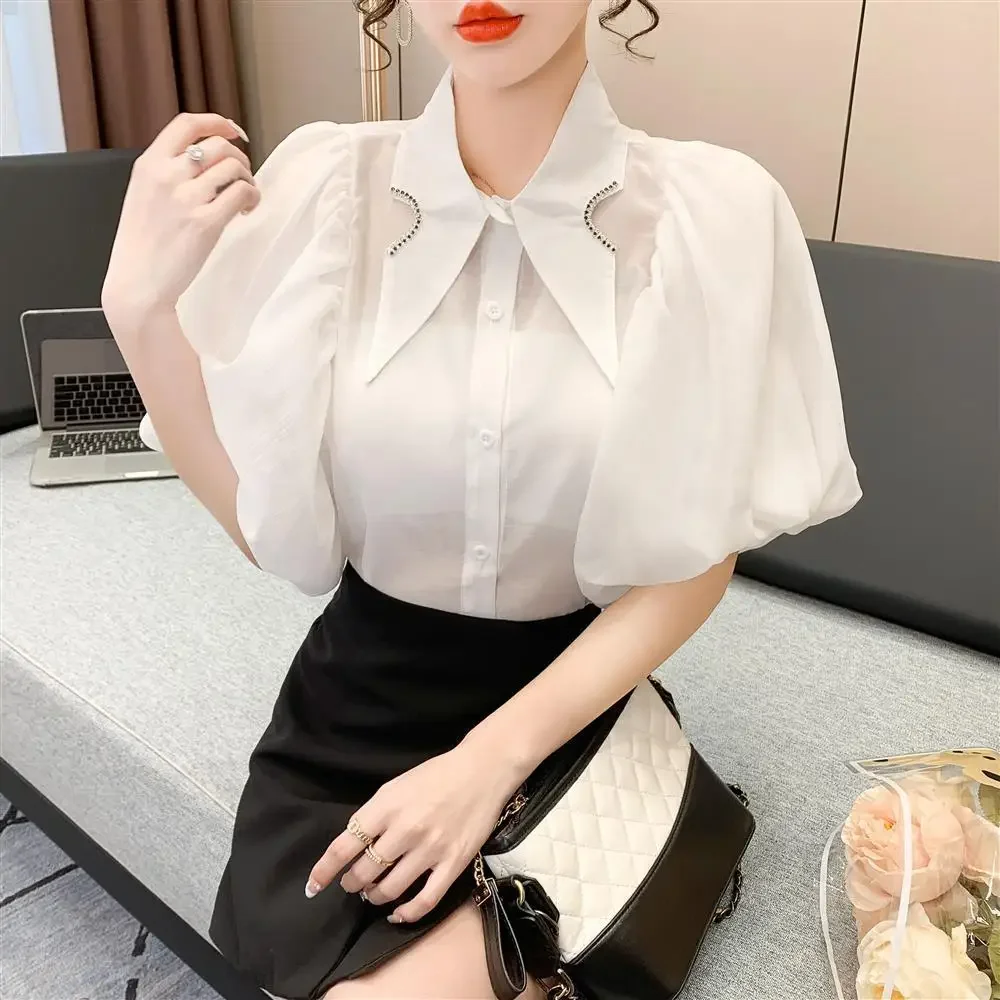 Summer Women's Tops Diamond Point Collar Lantern Short Sleeve White Shirt Korean Fashion Designer Women's Clothing Office