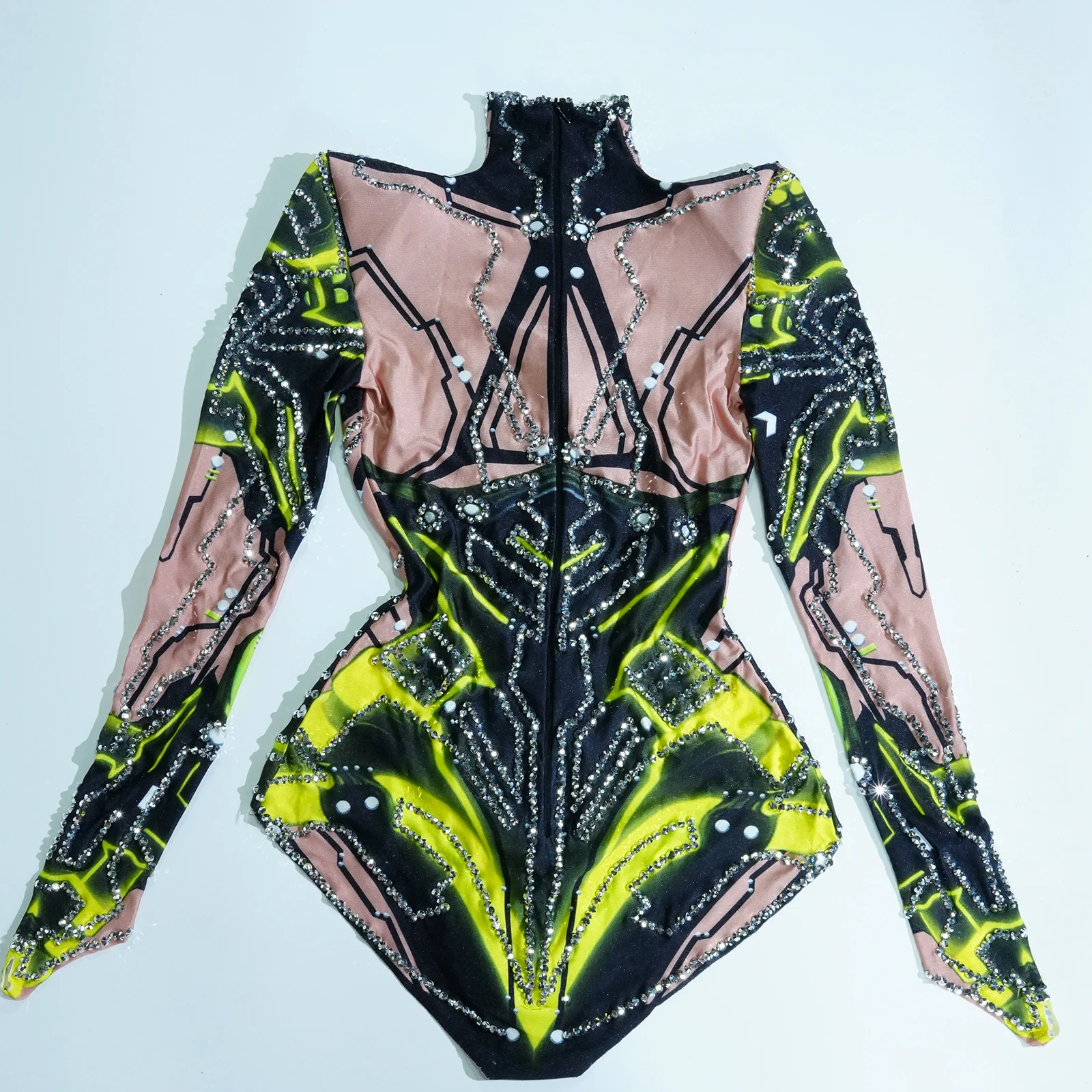 Błyszczące zielone body z nadrukiem Rhinestone Grupa tancerzy Wydajność Trykot Strój sceniczny Drag Queen Strój Nightclub Party