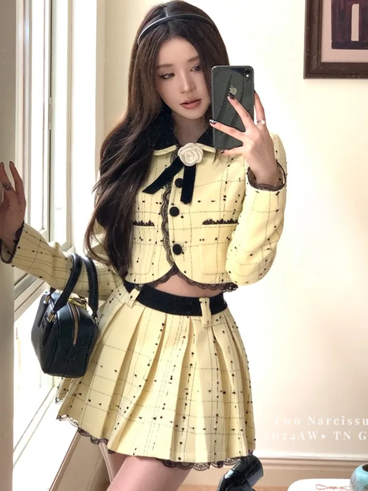 

2024 autumn winter short two piece set for women Tweed skirt sets conjuntos femininos elegantes 2 piece sets women outfit