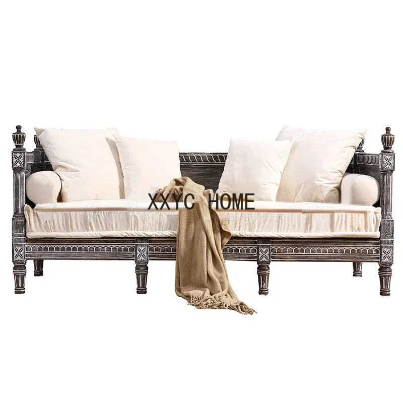 American Country Solid Wood Sofa Carved FabricBag Coffee Shop Leisure Sofa