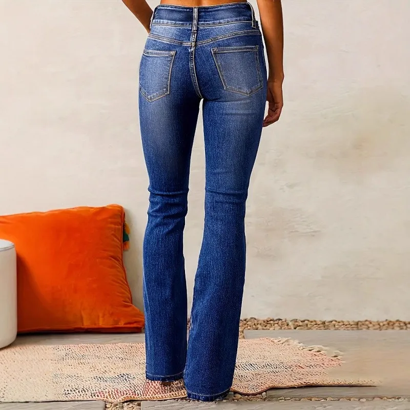 Women's Y2K Clothes Mid Waist Slight Flare Distressed Washed Cotton Long Fit Streetwear Jeans for Women with Five Pocket and