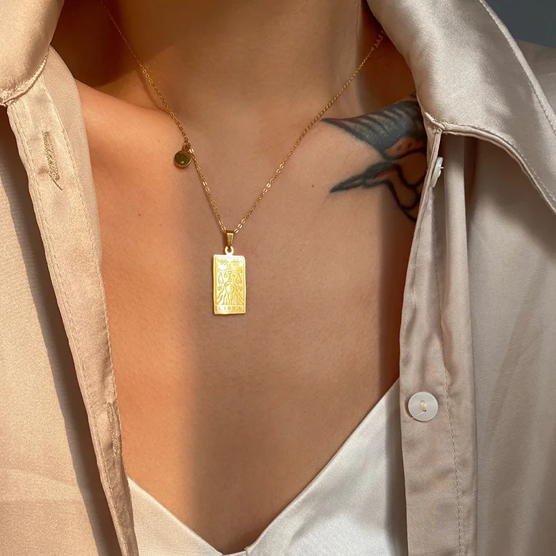 Vintage12 Constellations Tarot Stainless Steel Necklaces for Women Gold Color Zodiac Sign Square Pendant Necklace Clavicle Chain