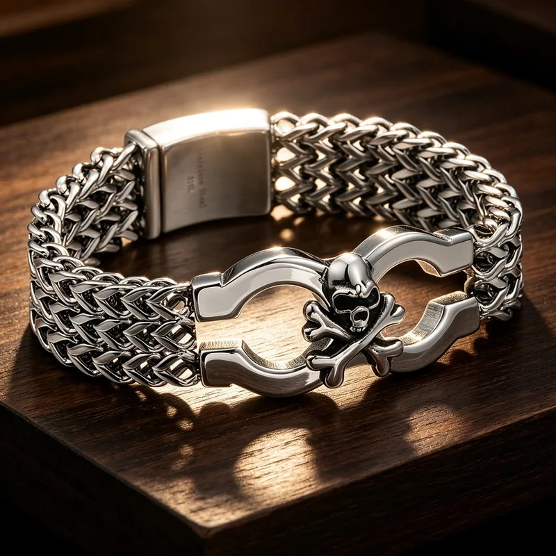 Stainless Steel Braided Double Row Front and Rear Fish Scale Magnetic Buckle Bracelet with Skull Jewelry New Model