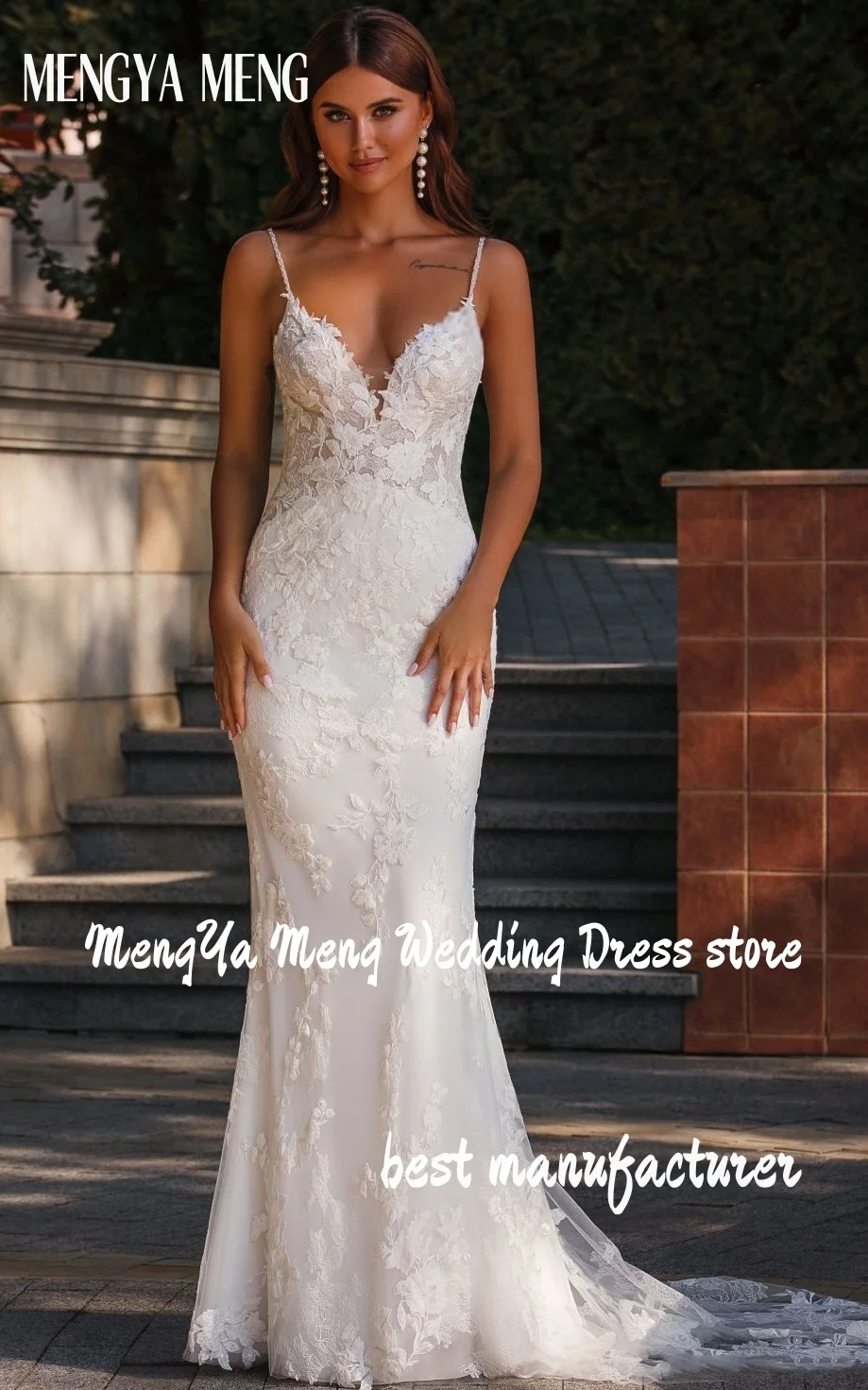 Sexy V Neck Mermaid Bohemian Wedding Dress Spaghetti Strap Lace Appliques  Sleeveless Boho Floor Length Bridal Gowns Customized