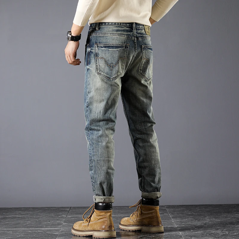 Jeans rétro déFlexpour hommes, station européenne, pantalons décontractés, déFlex, élastiques, petits pieds, printemps et automne