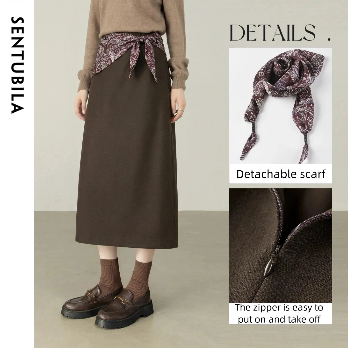 SENTUBILA Women's Midi Skirt 2026 Ladies Detachable Pint Scarf Straight Skirt Autumn Winter Versatile Female Clothes 164QA6333