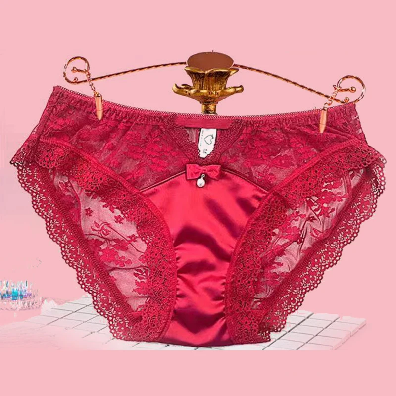 Satin Lace Panties Women Underwear Transparent Sheer Lace Briefs Tangas Knickers Soft Shiny Satin Panty Hollow Out Sexy Lingerie