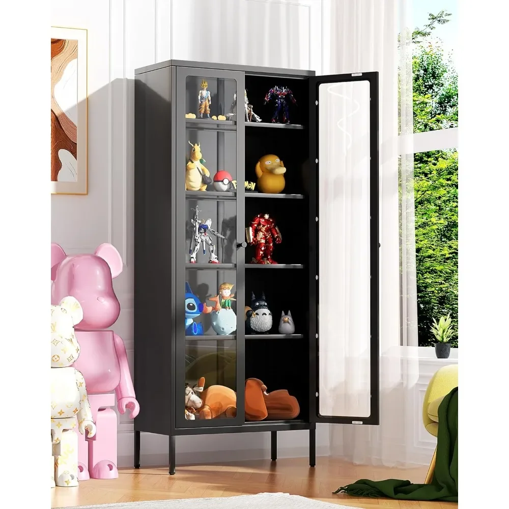 Black Display Glass Storage Cabinet with Glass Doors and 4 Shelves, Tall Bookcase Modern Bookshelf Cabinet for Home Office