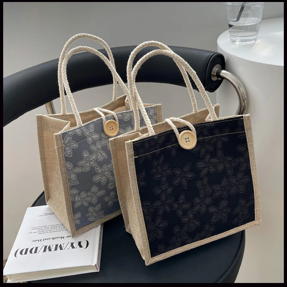 Flower Pattern Linen Handbag For Women Fashion Designer Bag Convenient Large-Capacity Shopper Tote Travel Grocery Storage Bag