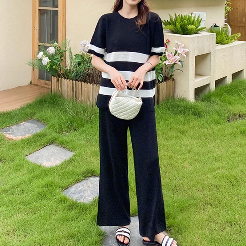 Striped O-neck Short Sleeve Split Top Loose Knit Suit Two-piece Sets Wide Leg Long Pants Summer Women Clothing Casual Vintage Ne