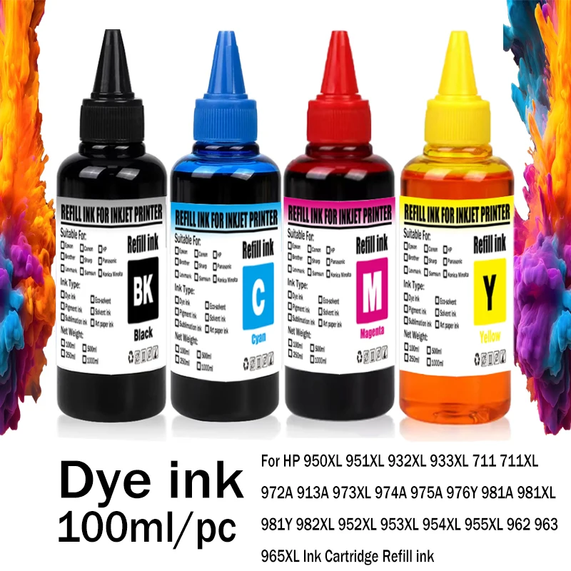 Dye Ink 100ml Refill kit for HP 950XL 951XL 932XL 711XL 972A 973XL 974A 975A 976Y 981XL 982XL 955XL 962 963 965XL Ink Cartridge