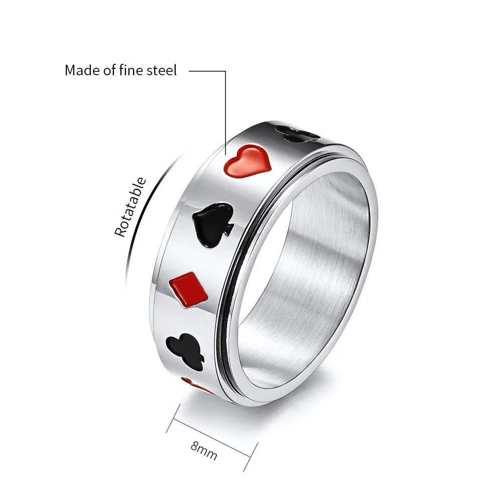Fashion Playing Card Rotatable Ring Poker Heart Spade Design For Men Women Stress Relief Ring Punk Hip Hop Party Jewelry Gift