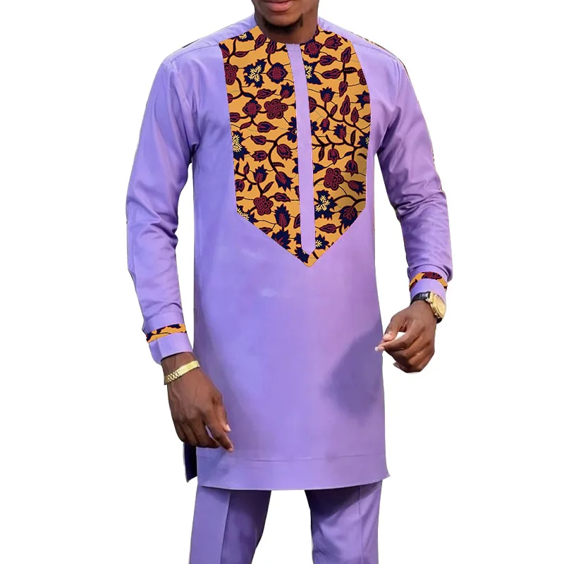 Traje de novio púrpura rosado para hombre, camisas de retazos con pantalones sólidos, moda nigeriana, trajes de boda africanos