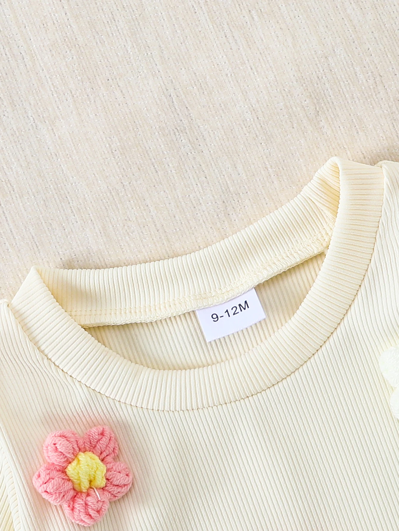 Baby Girl 2Pcs Outfit 3D Crochet Flower Long Sleeve Ribbed Top Pink Flare Pants Toddler Sweet Spring Casual Clothes Set 6M-3Y 3