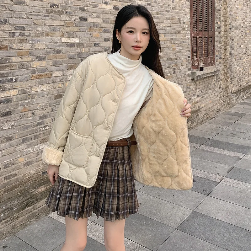 Women Wool Lined Cotton Jacket Autumn Winter Warm O-Neck Lambswool Coat Cotton Padded Jacket Single-Breasted Quilted Jacket