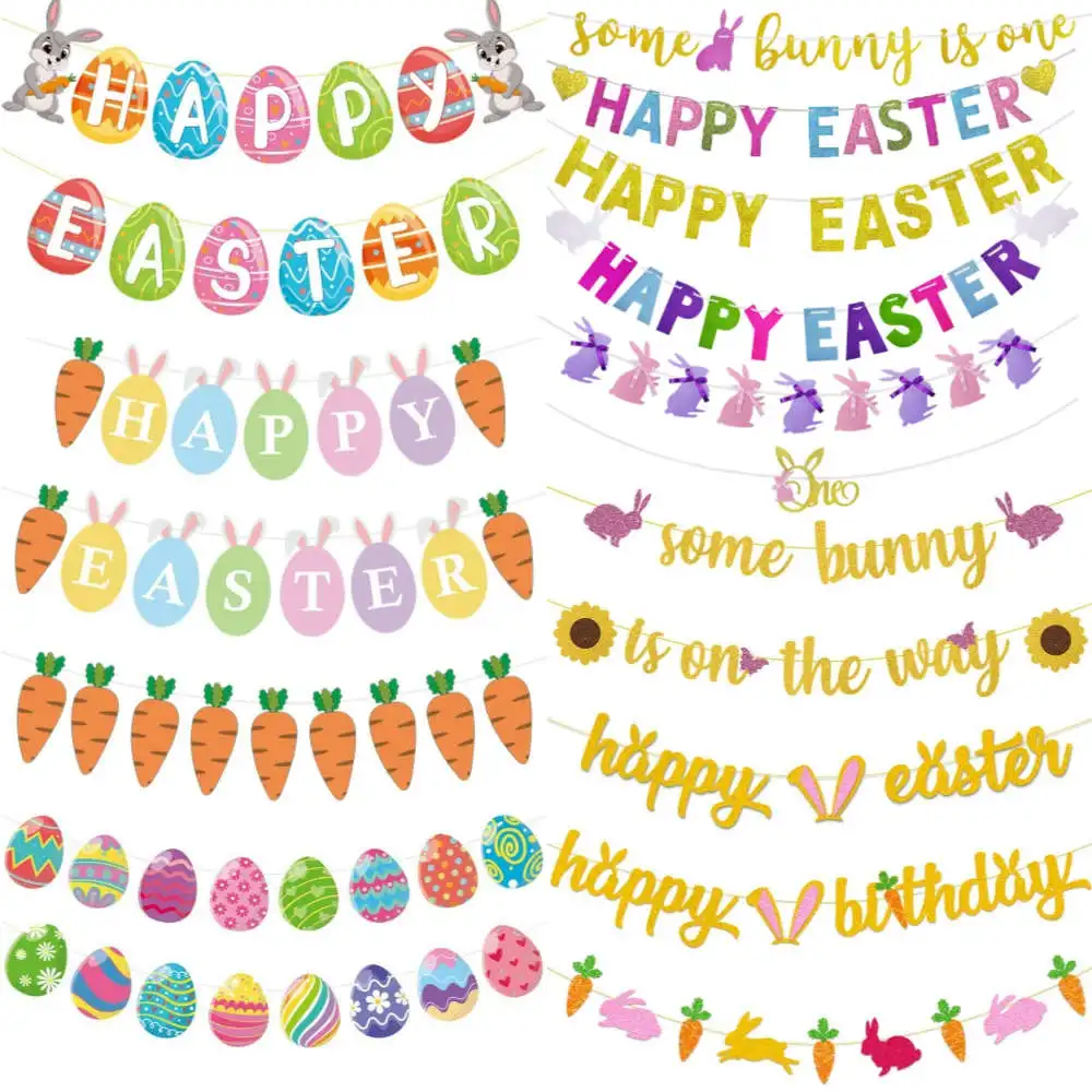 Happy Easter Banner Rabbit Carrot Eggs Hanging Garland Flag for Home Easter Party Decoration Festival Bunting Banner Supplies