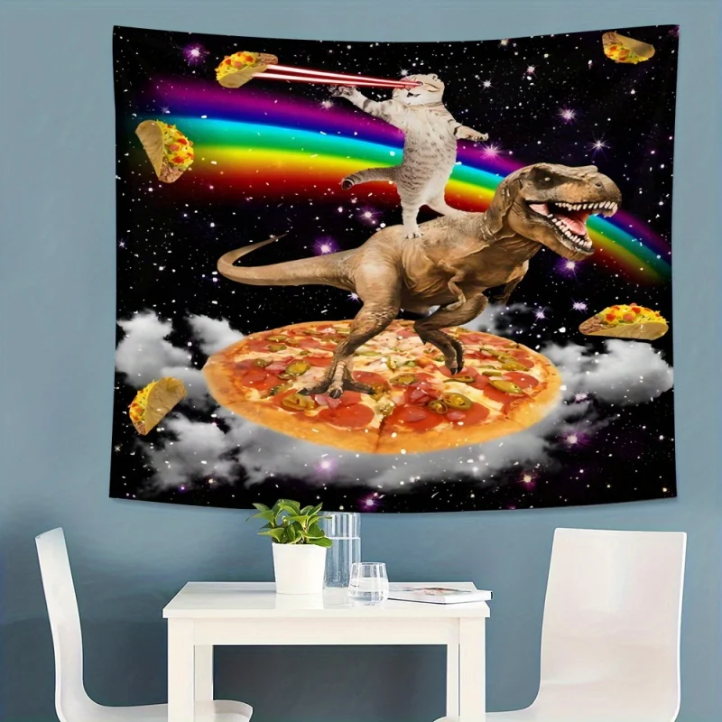 VIKAMA Fantasy Cartoon Parody Tapestry: Tyrannosaurus Rex Pizza Rainbow Laser Cat Gaming Room Living Room Feature Wall