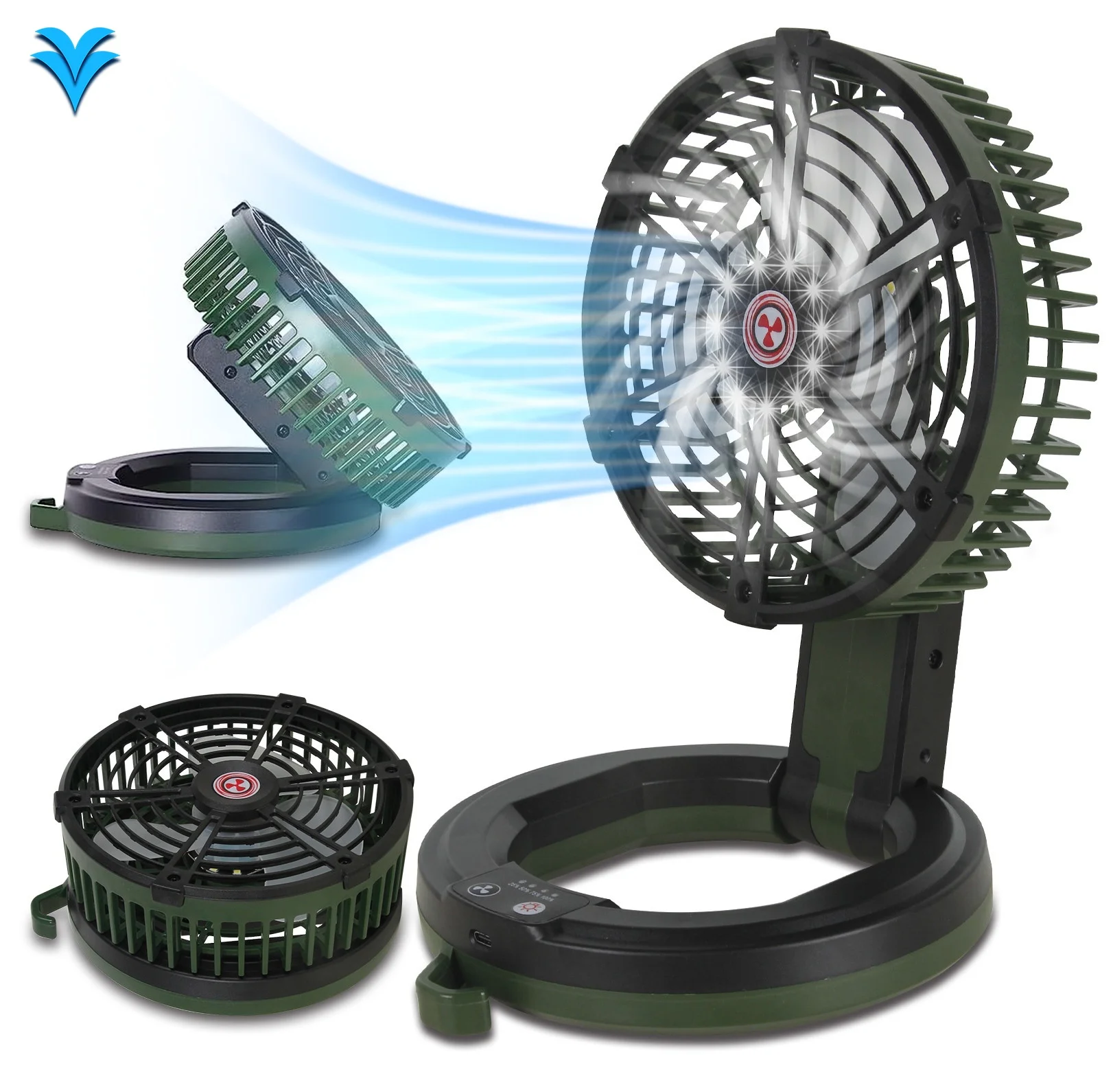 ポータブル電池式充電式扇風機 折りたたみ式キャンプファン LEDナイトライト USB小型卓上扇風機 テント旅行用