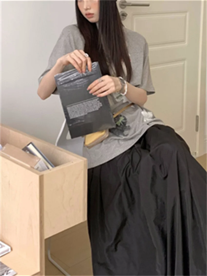 PLAMTEE Grey Mock Neck T-Shirts Women Cotton Cartoon New Loose Summer Half Sleeve Casual 2024 High Street Oversize Tees