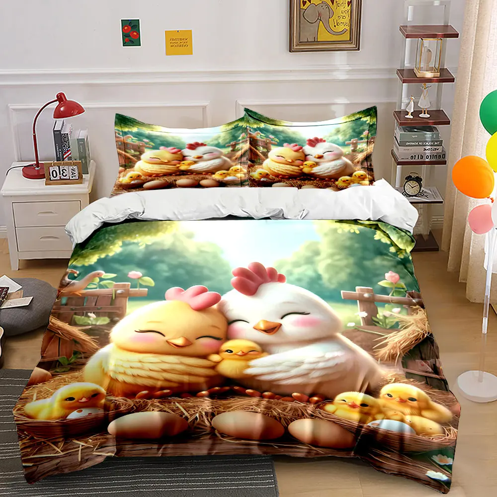 Cute Chicken Family Decor Set Bedding Set with 1 Duvet Cover 2 Pillowcases Single Double King Queen, Gift