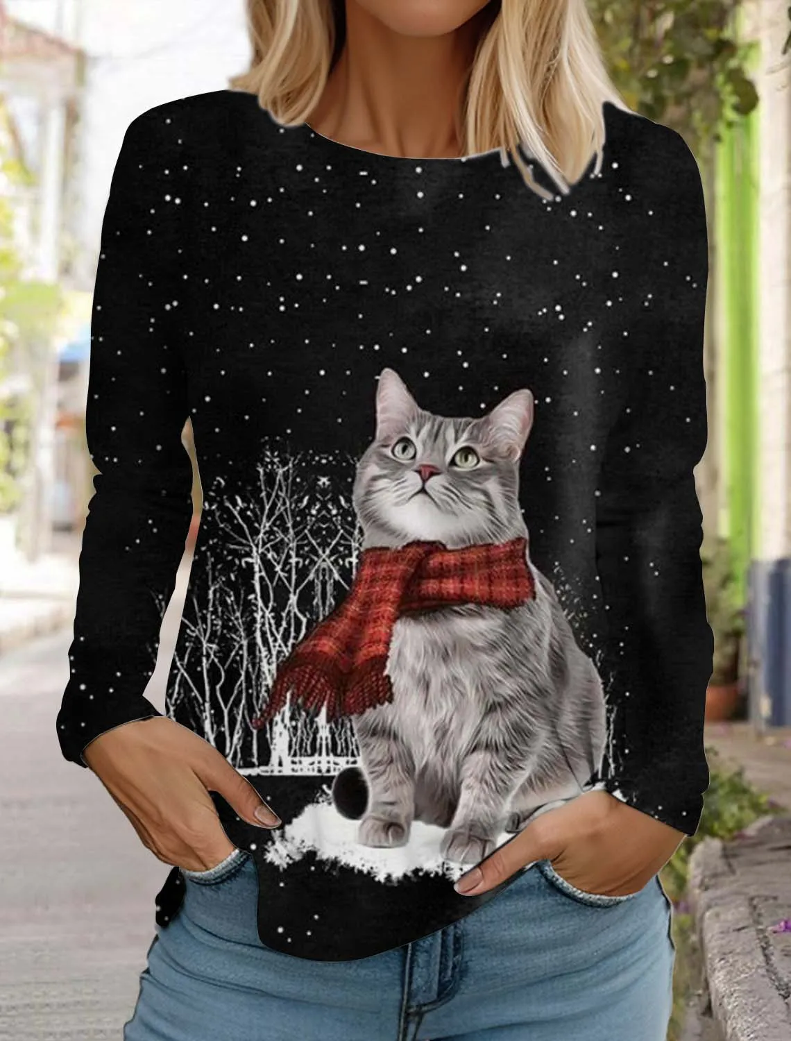 Christmas Women\'s Long Sleeved T-shirt Casual Holiday Fashion Christmas Cute Cat Holiday gifts Tops Harajuku  Women\'s Clothing