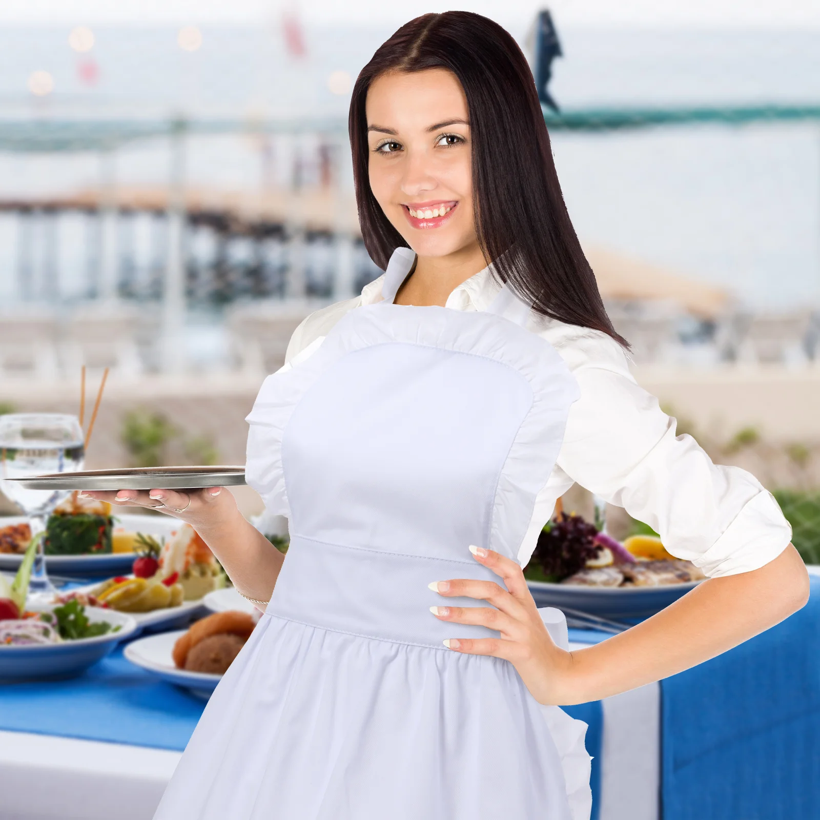 European Style Woman Work Tunics for Women Uniform White Dress Half Apron Waitress