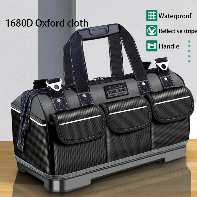 New 1680D Oxford Tool Bag with Plastic Bottom Waterproof Wear Work Toolkit Large Capacity Toolbag for Electrician Woodworker