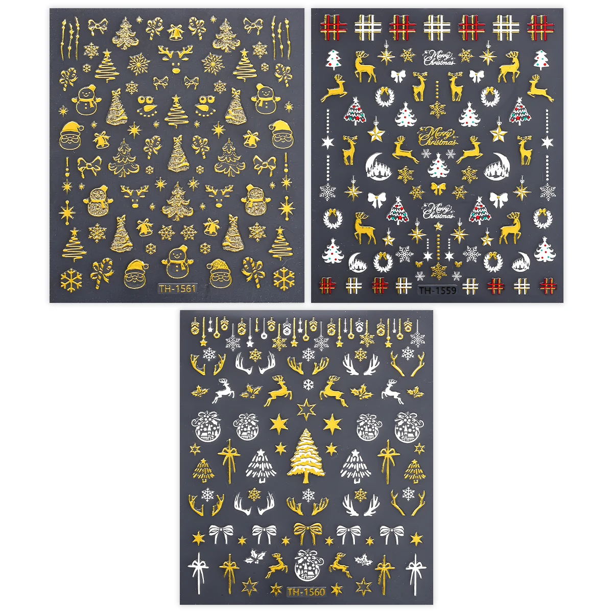 Autocollant de noël pour Nail Art, 3 pièces, flocon de neige doré, père noël, élan, bonhomme de neige, étoile, autocollant pour décoration de manucure à faire soi-même