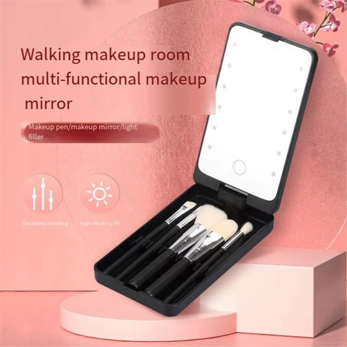 Miroir de maquillage portable avec 5 pinceaux, boîte de rangement, tactile LED, noir