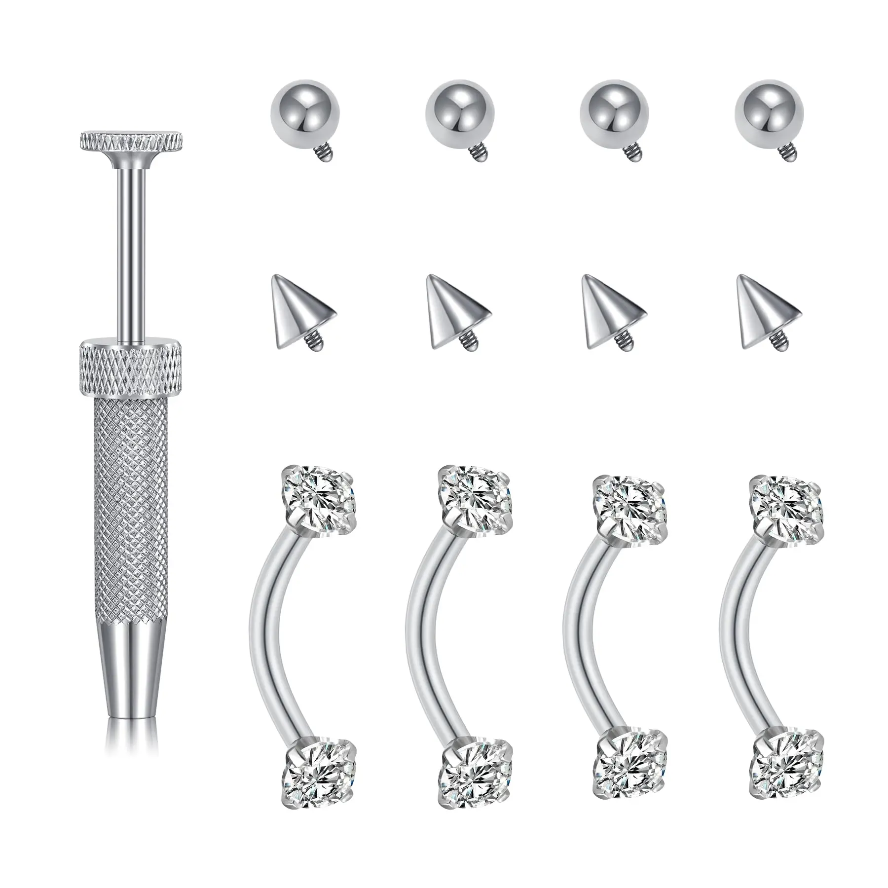 Curved Barbell Piercing Set With Ball Grabber Tool CZ Curved Barbells Spare Ball Spike Tops 6‑12mm for Eyebrow Rook Piercing