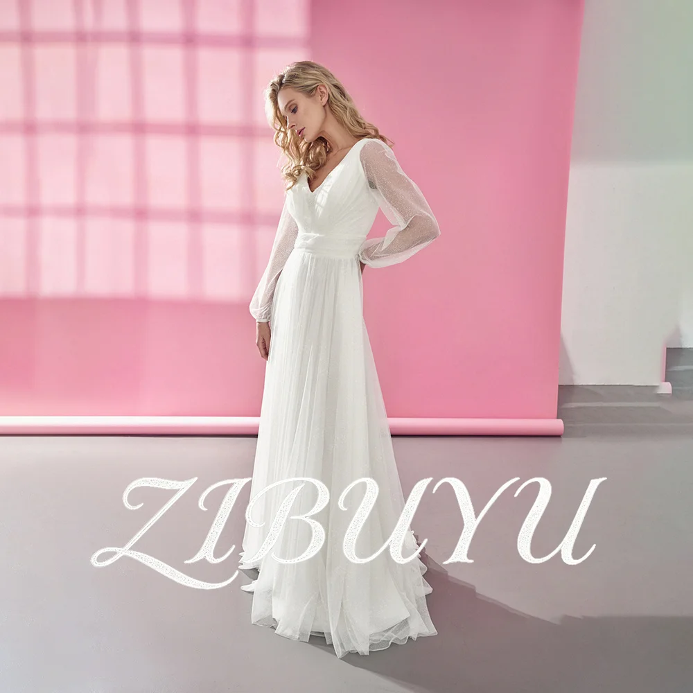 

ZIBUYU Customized Romantic A-Line Simple Satin Wedding Dress V Neck Sheer Glitter Tulle Long Puff Sleeves Chiffon Bridal Gown