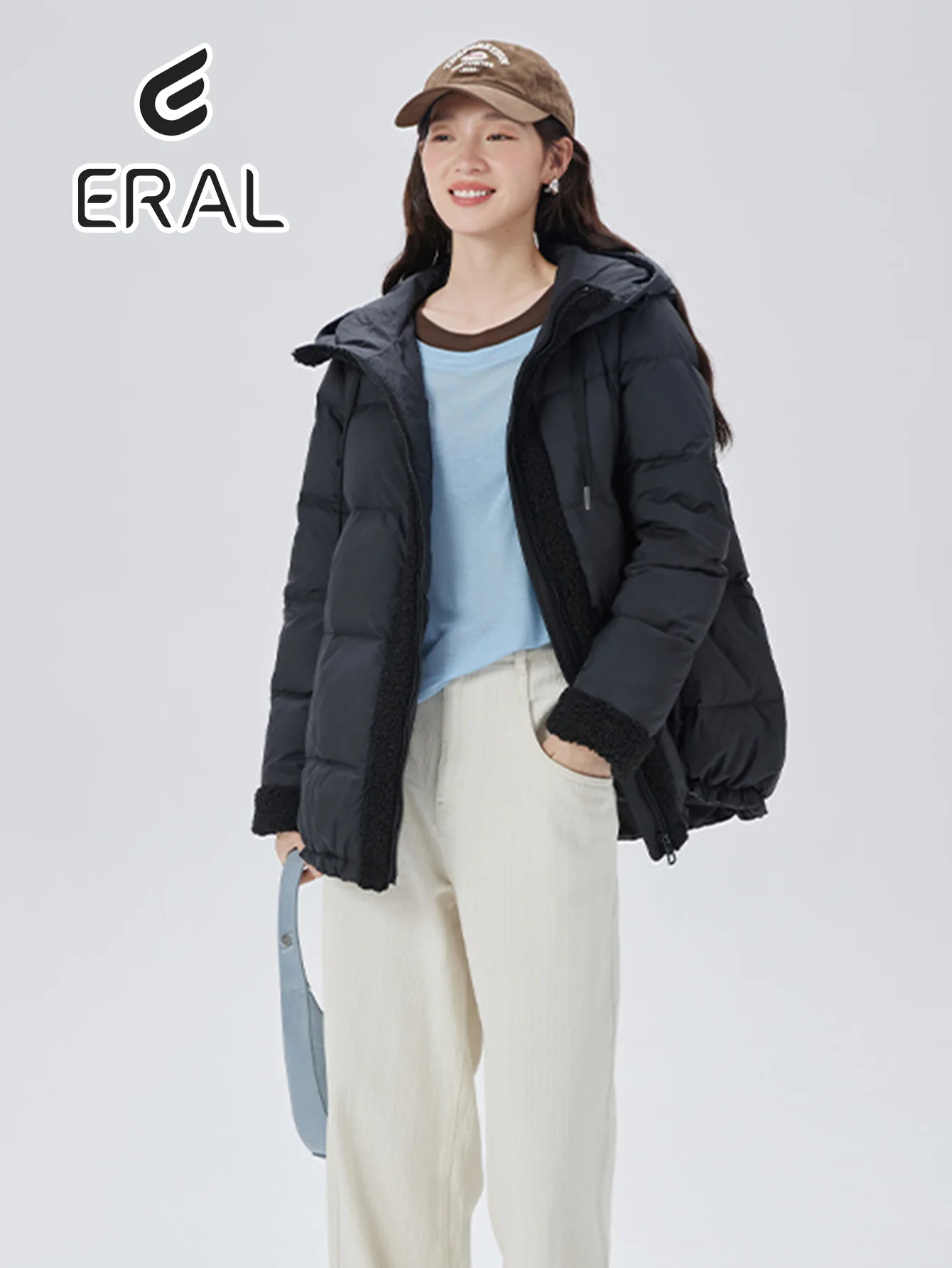 ERAL 2024 New Winter Collection Down Coat Hooded Waterproof Windproof Jacket Women's Faux Fur Stitching Design Casual Parka