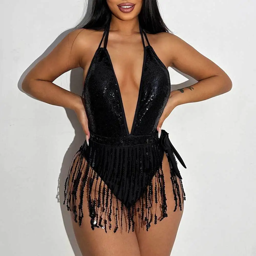 Sexy Black Bikini Women Pole Dance Backless Bodysuit Tassel Skirt Nightclub Gogo Outfit Burning Man Rave Clothes Party Suit 2024