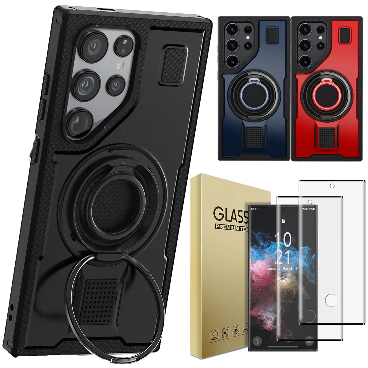 

For Samsung Galaxy S22 Ultra 5G Phone Case Kickstand Shockproof Cover And 2pcs Full Coverage Tempered Glass Screen Protectors