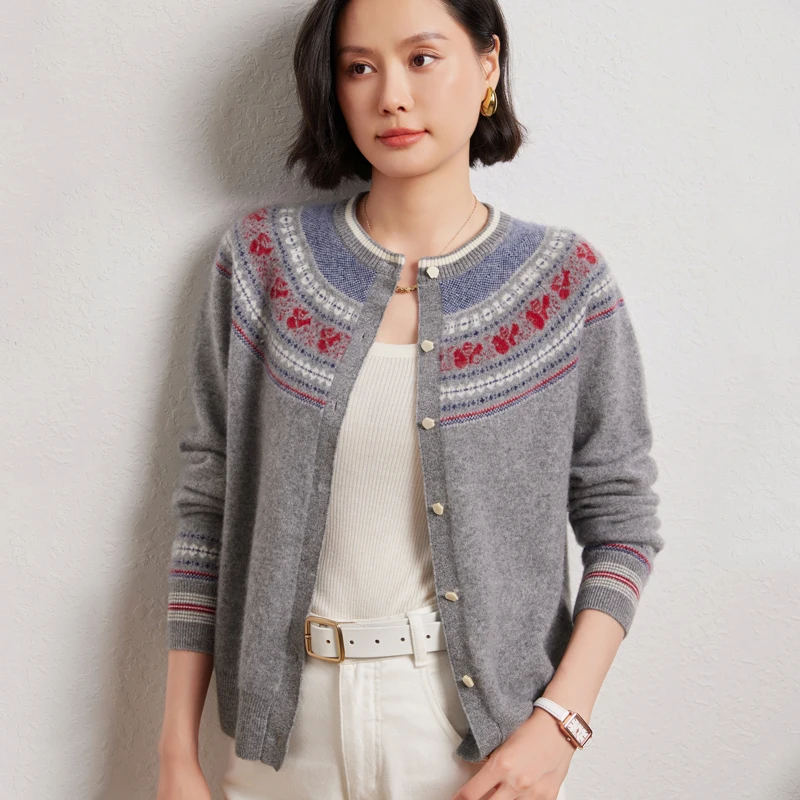 30% 캐시미어 및 70% 울 여성용 오 넥 카디건 빈티지 대비 컬러 스웨터 니트웨어 가을 겨울 두꺼운 자카드상의